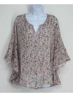 Sundance L Floral Pleated Blouse Women Sheer 3/4 Bell Sleeve Top Fairy